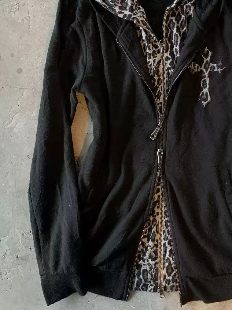 retro fake two-piece hooded leopard sweatshirt jacket