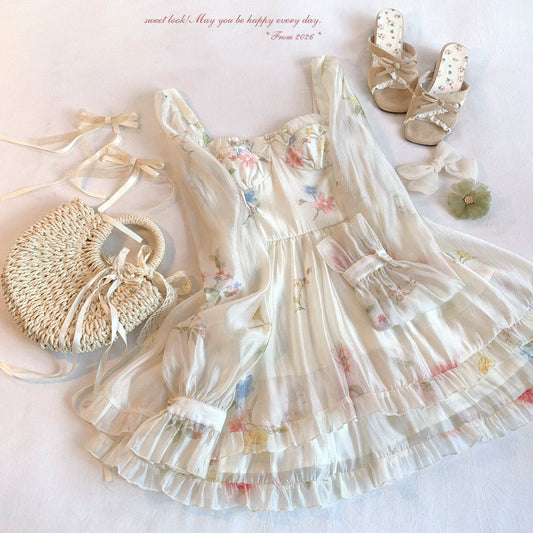 Last-Season Find French Vintage Square-Neck Floral Elegant Long-Sleeve Chiffon Dress