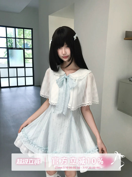 LaLa Sauce Moonlight White Lettering Clear-Style Blue-and-White Patchwork Custom Foil-Print Dress (Double-Layer Look) Cape Sweet Girl A-Line Dress