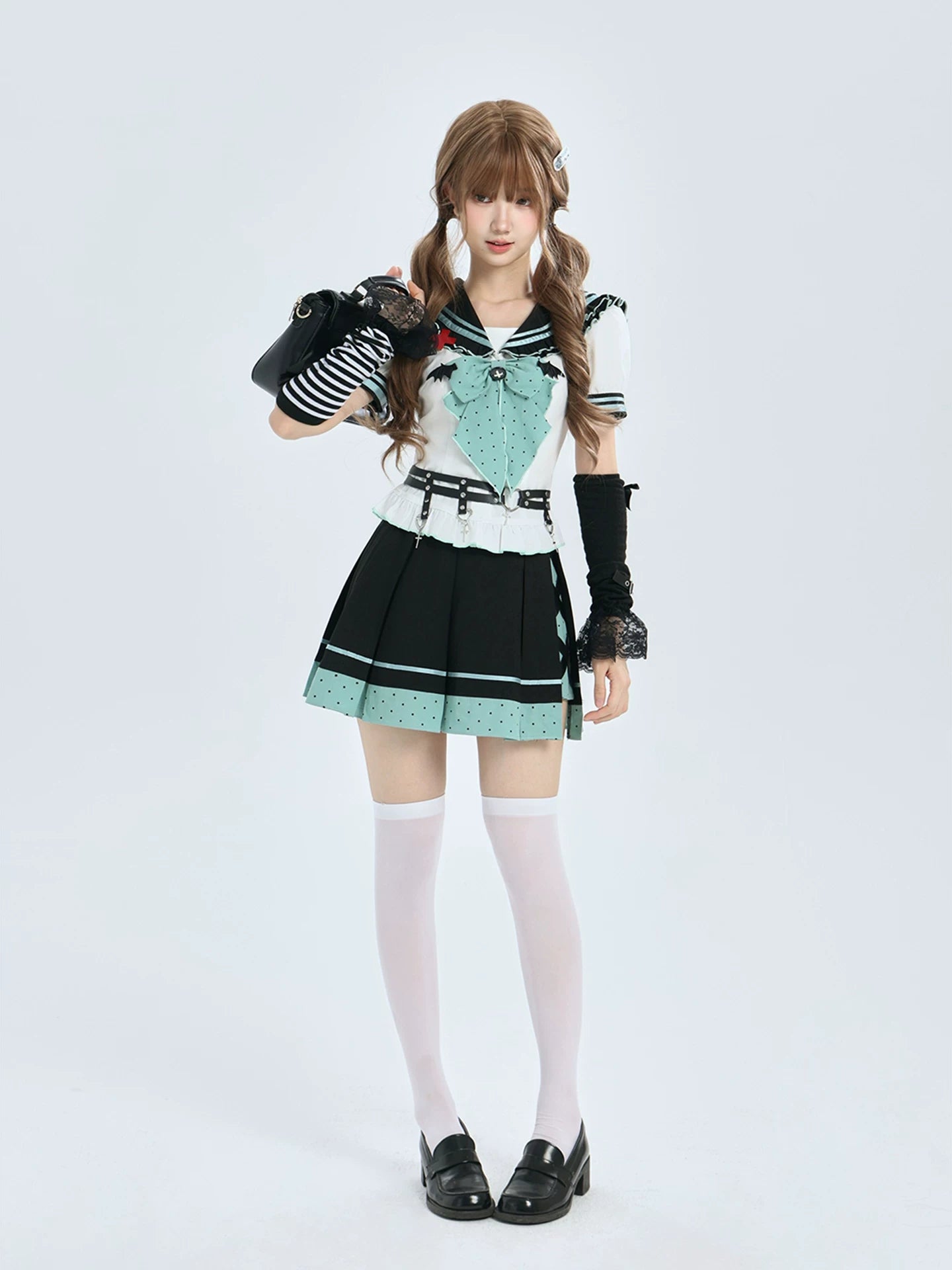 Lala Sauce Cyber Dreamscape Mint Black Sailor Dress Set Sweet Cool Bat Dot Bowtie Pleated Skirt Two-Piece