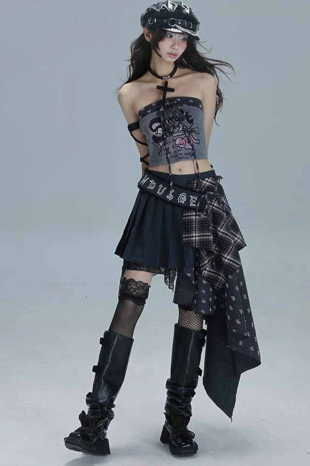 Check Patchwork Asymmetrical Skirt
