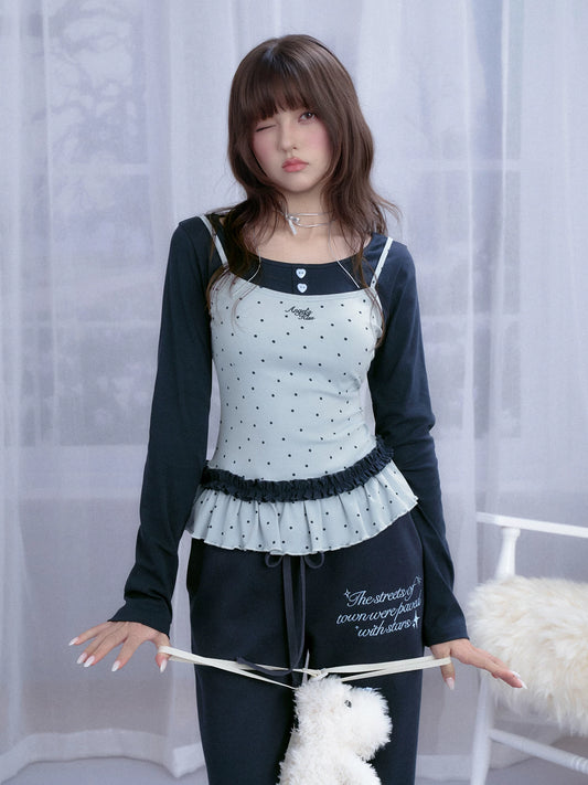 SagiDolls Girls’ Fighting Spirit #Hoshimachi Suisei# (Night Words) Light-Enhancing Pure-Desire Blue Polka-Dot Faux Two-Piece Blouse T-Shirt, Slimming Fit