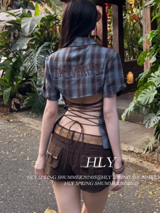 Baddie Plaid Straps Backless Shirt
