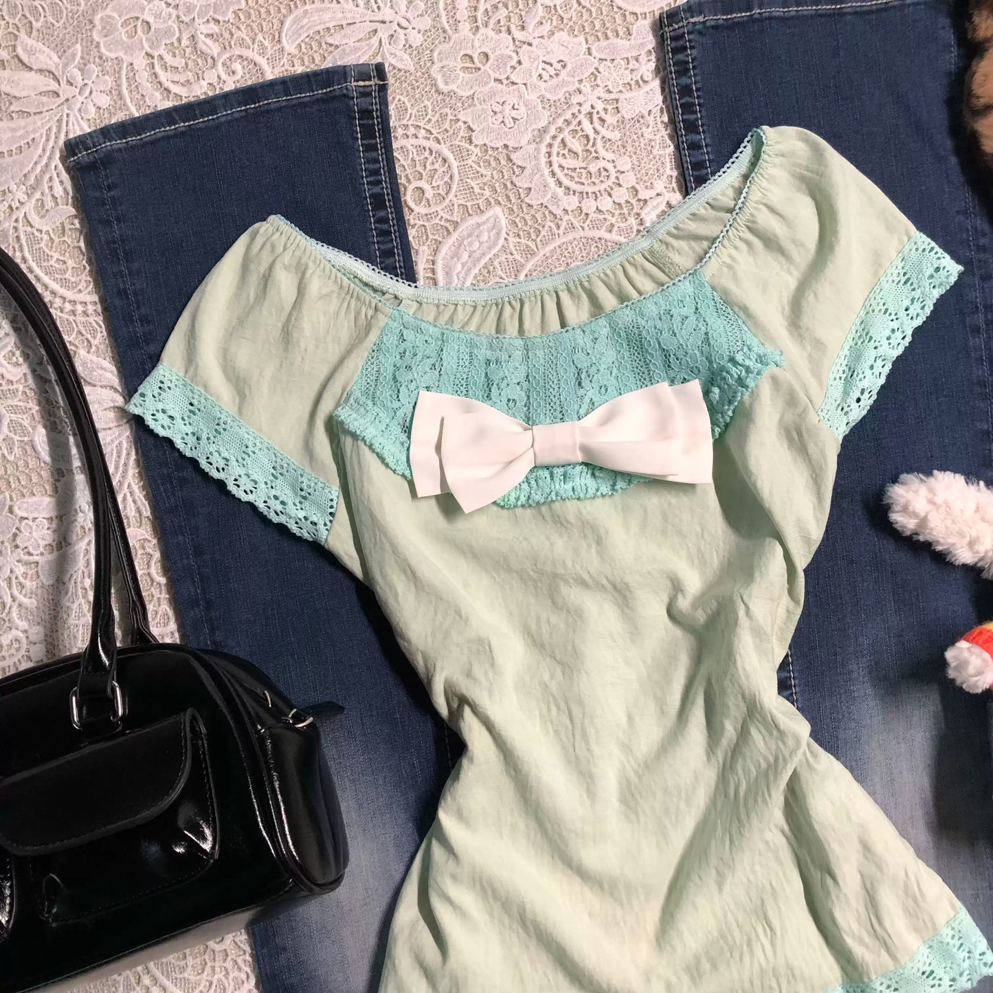 y2k fresh green lace shirt