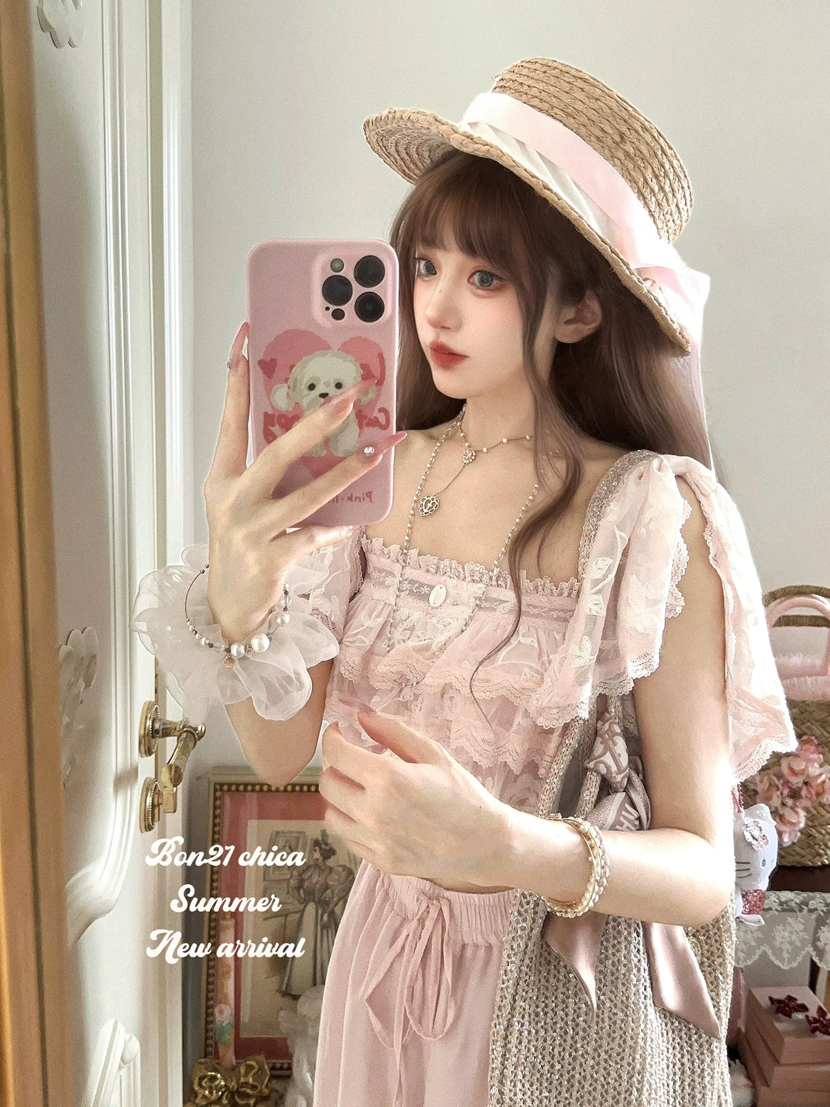 Sicily Holiday French Puff-Sleeve Camisole Embroidered Chiffon Top T2408