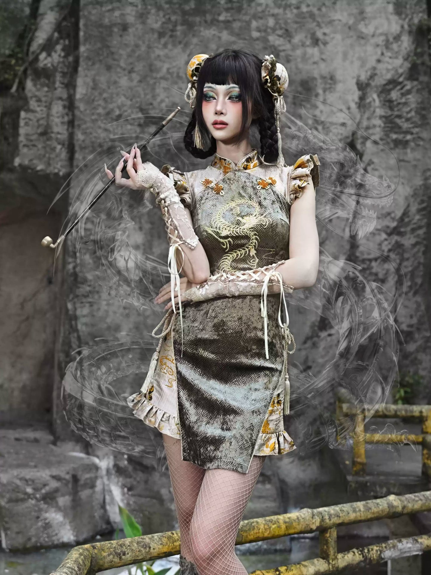 Spring Dragon Embroidered Snake Cheongsam Dress
