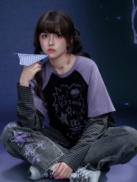 SagiDolls Girls’ Playful Sweet-Cute and Cool Black-Purple Graffiti Print Two-Piece Look Loose Fit T-Shirt Slimming for Spring