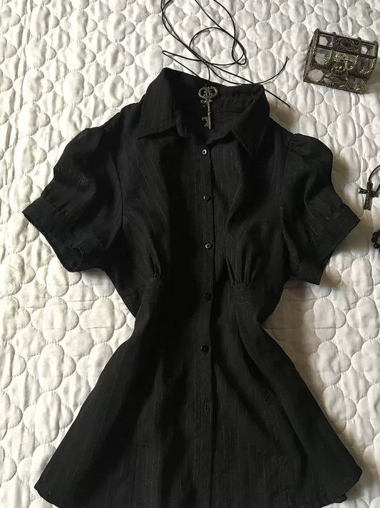 Vintage-Style Black Shirt Top 2026 New Summer Collection Slimming Shirt with Unique Small-Brand Design