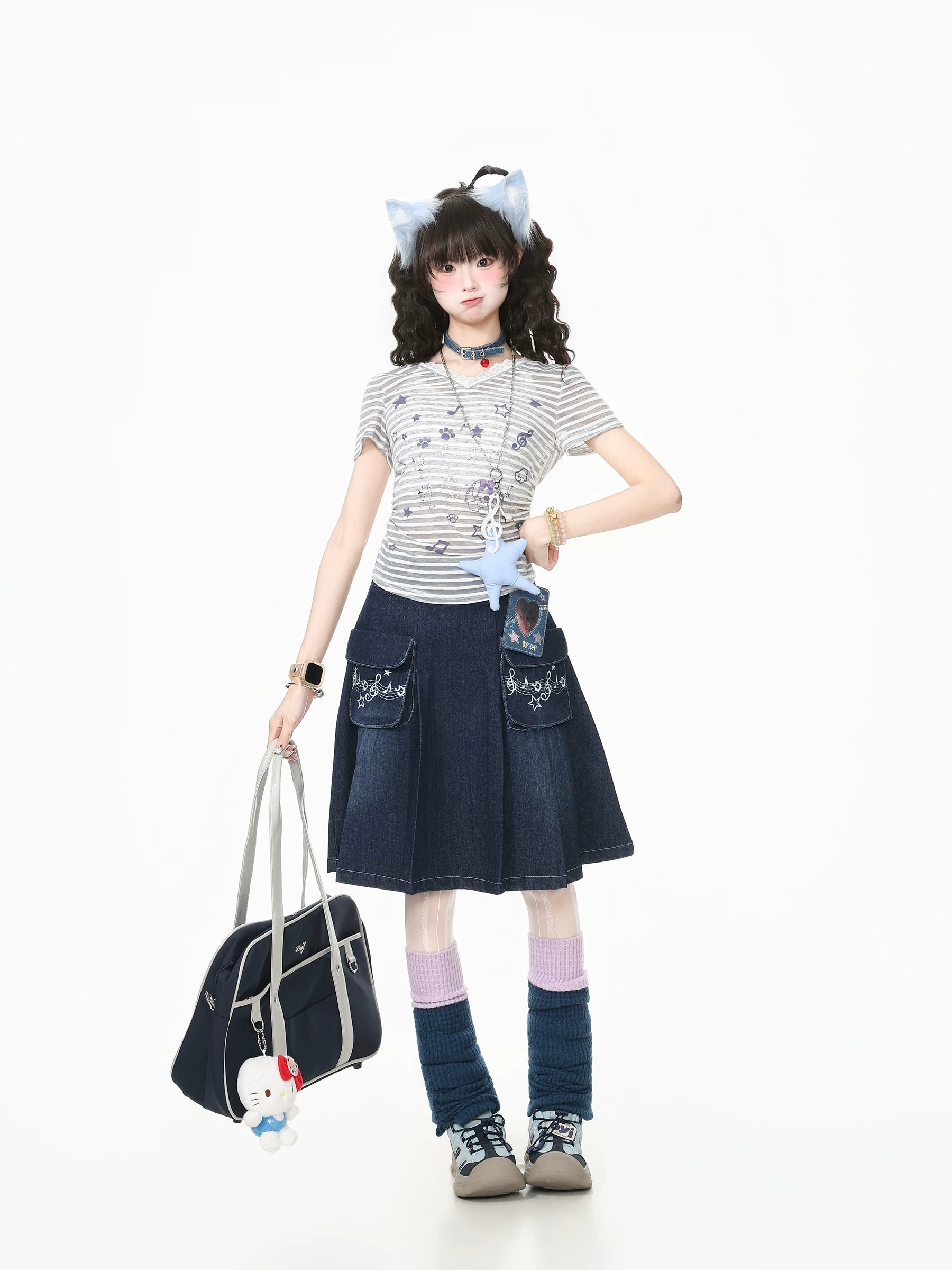 Blue Ghost Park Languid Park Embroidered Pocket Pleated Denim Midi Skirt for Women, Summer New Style