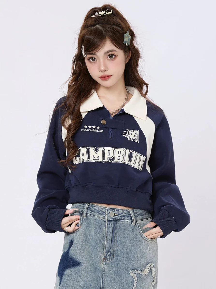 American Retro Block Color Polo Collar Loose Sweatshirt