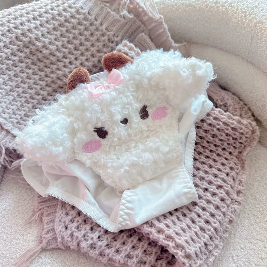 Curly Wool Lamb Japanese-Style Mid-Rise Girl’s Underwear, Pure Cotton Gusset, Cute Sweet Lolita Cozy Breathable for Women