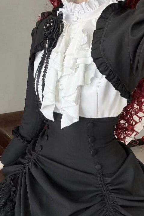 [Pre-order] Dark Gothic Black Short Jacket + White Shirt + Rose Ribbon
