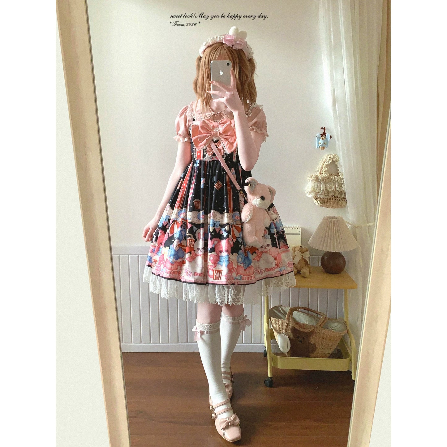 Last-Call BTSN Adorable Popcorn Bear & Bunny Print Patchwork Lace Bow Lolita Dress *f