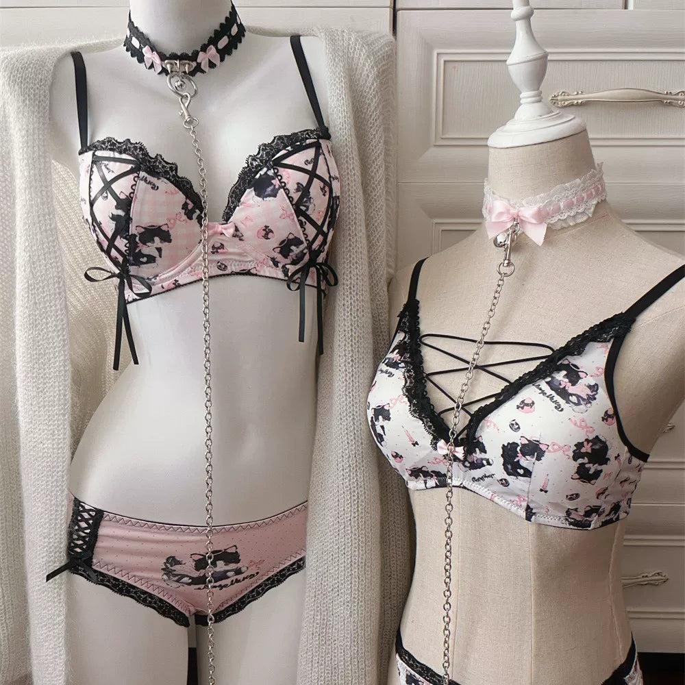 Adorable Cow Cat Sweet &amp; Sexy Cross-Tie Lace Cutout Underwire-Free Padded Uplift Bustier Bra