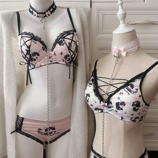 Adorable Cow Cat Sweet &amp; Sexy Cross-Tie Lace Cutout Underwire-Free Padded Uplift Bustier Bra