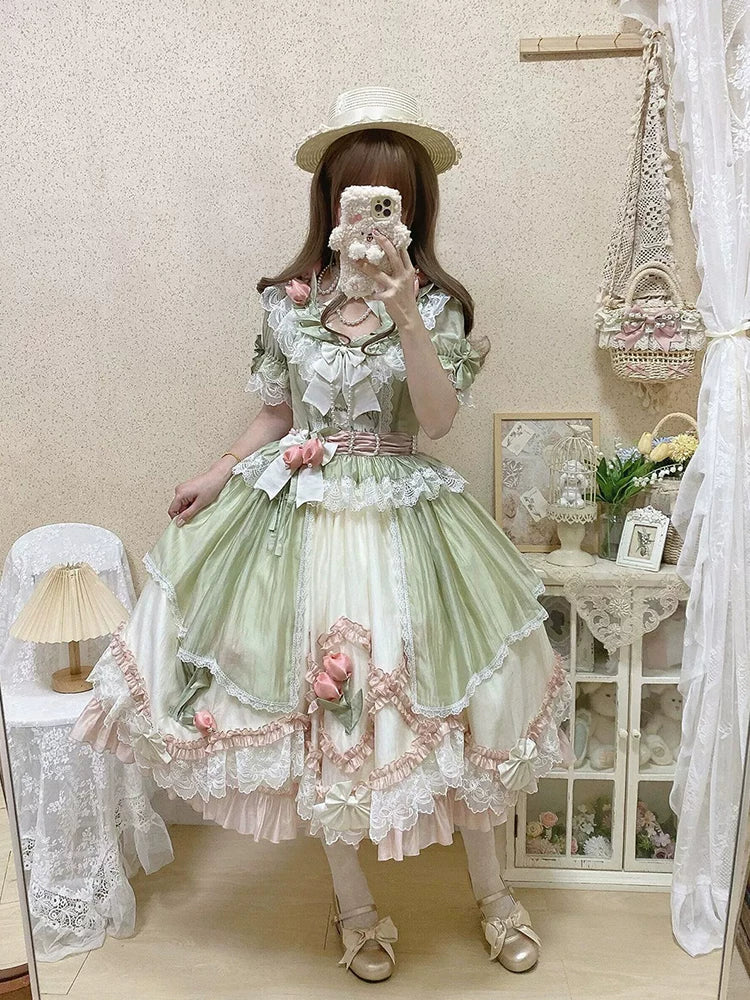 Green-Pink Floral Elegant Glamorous “Madam” Short-Sleeve Lolita Dress, Embroidered Heirloom Lolita Sweet Princess Outfit