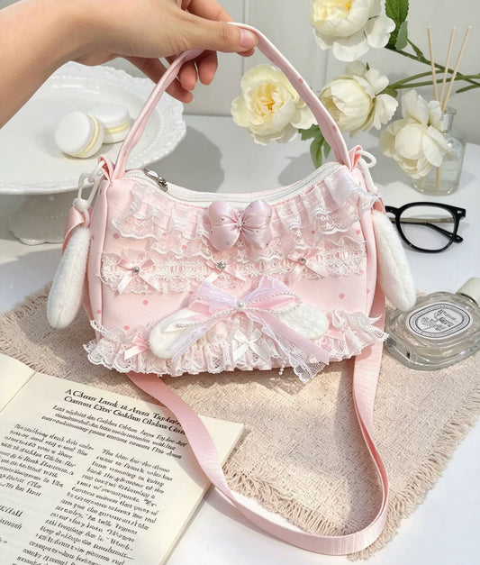 Original Design Decorative Pink Bunny Ears Lace Bow Crossbody Bag for Girls, Cute Kawaii Style