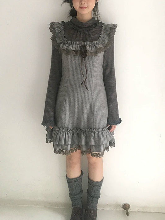 Coquette Vintage Lace Dress | Romantic Ruffle Wool Blend Princess Dress