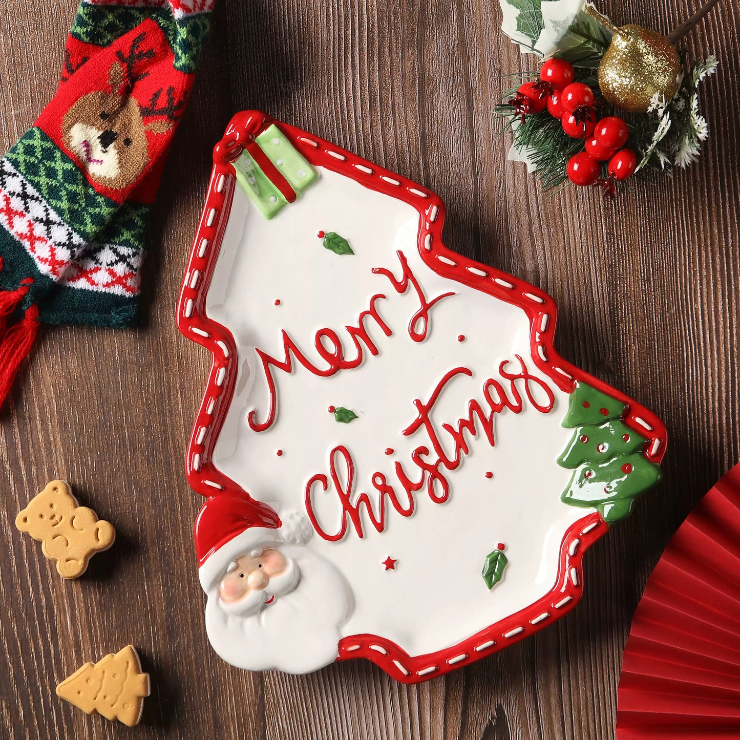 Santa Claus pine tree special-shaped ceramic plate