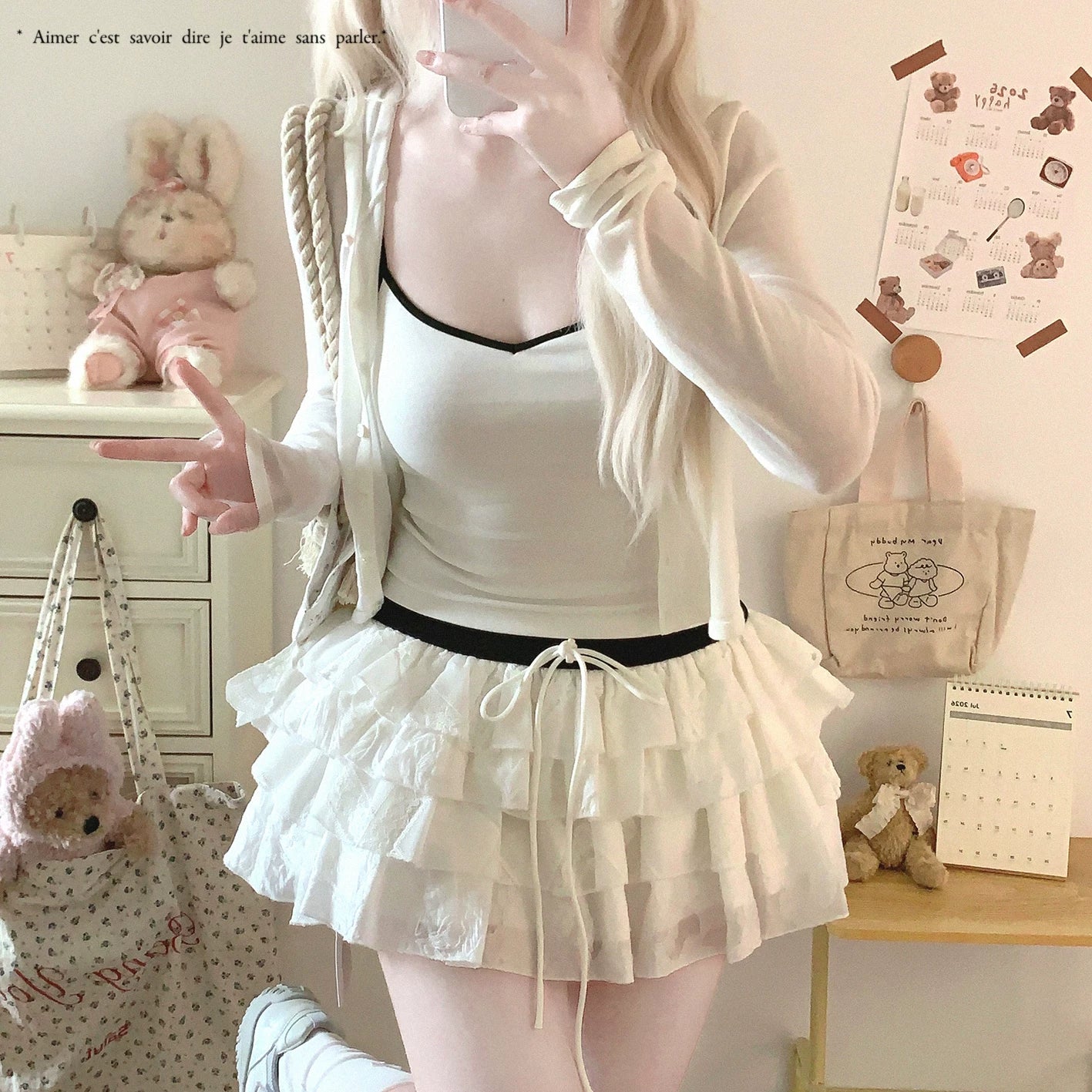 Last-Stock SK Contrast-Band High-Waist Hollow Lace Patchwork Layered Cake Midi Skirt