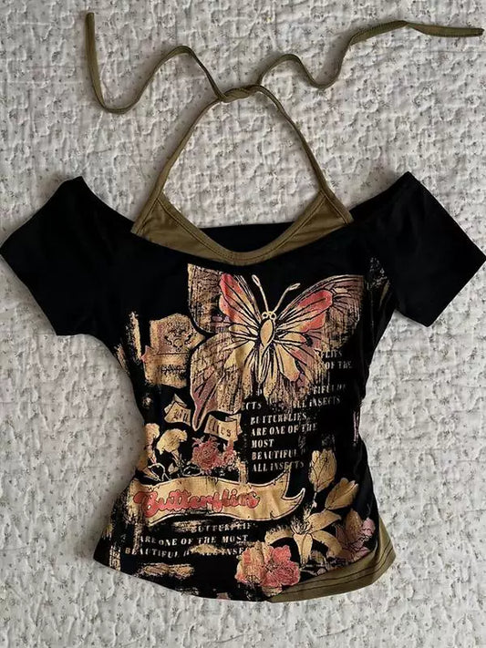 Unique & Pretty Pure-Desire Black Floral Print T-Shirt, Versatile “Two-Piece Look” Slimming Short-Sleeve Top, New
