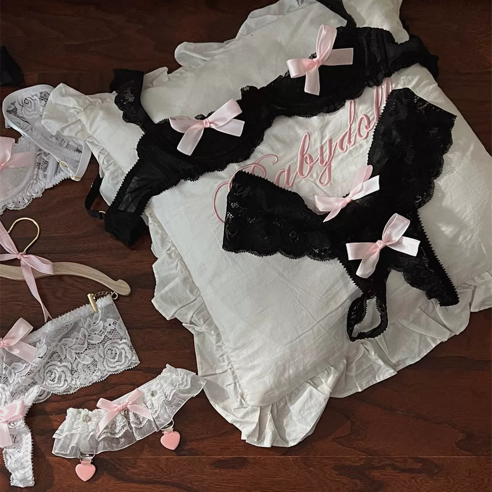 White Rose Dream Lace Underbust Push-Up Bra Unlined Underwire Bustier Lingerie Set with Open Crotch Thong for Women