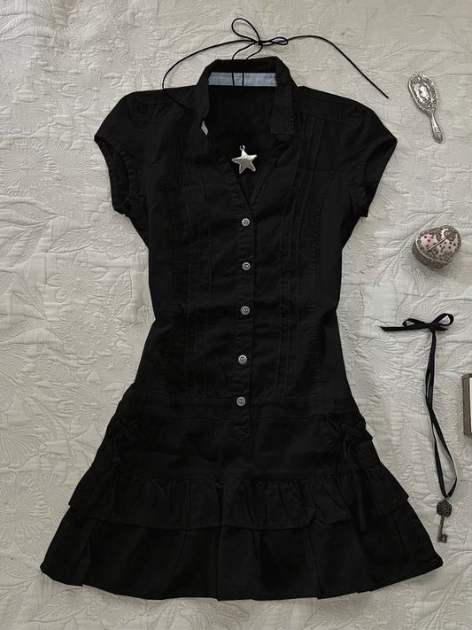 Half-Asleep Girl Original Vintage Black Fitted Shirt Dress with Waist Cinching, Design-Forward, Slimming, a Small-Label Vintage Dress