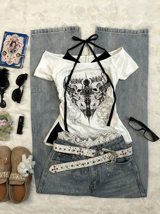 Y2K Vintage Small-Batch Design White Floral Printed Camisole T-Shirt for Women—New for Summer 2026