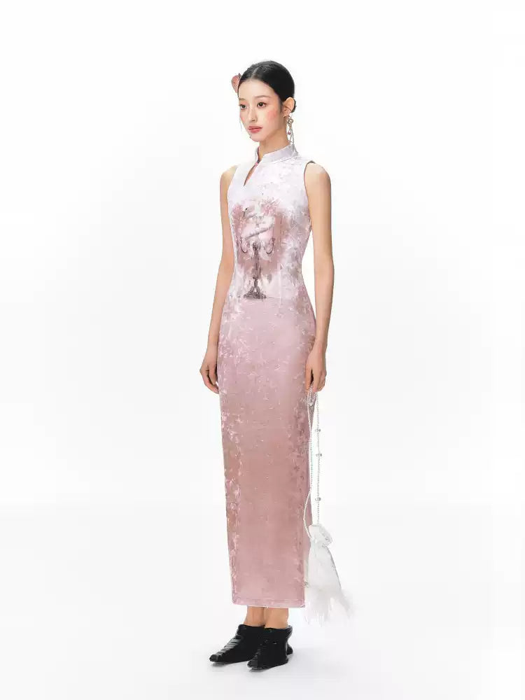 New Chinese Style Velvet Long Cheongsam Dress