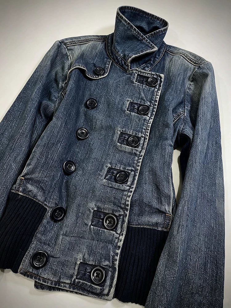 Ban Zhi Tao Original Vintage Stand Collar Denim Jacket with Slant Button-Front, Double-Breasted Design, for Autumn Women—Niche High-End Styling