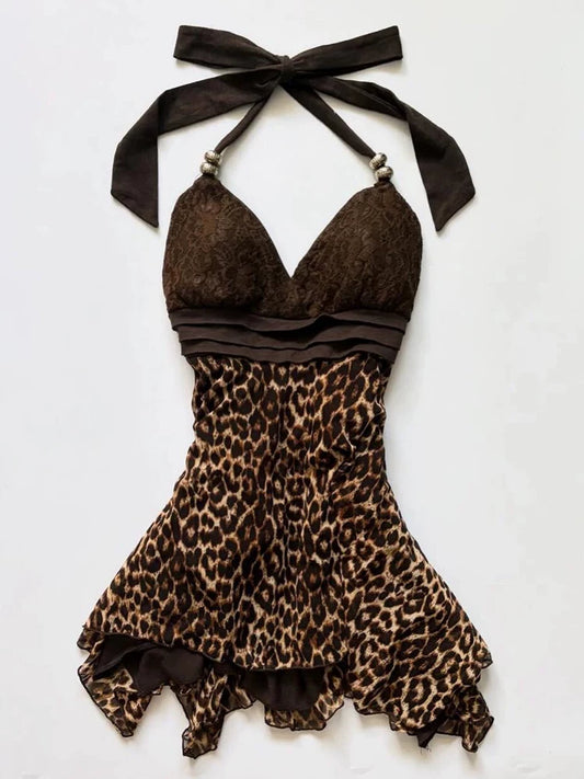 Shea Handmade Original Fashion Sexy Cinched-Waist Slimming “Hot Girl” Leopard Print Halter Midi Dress for Summer