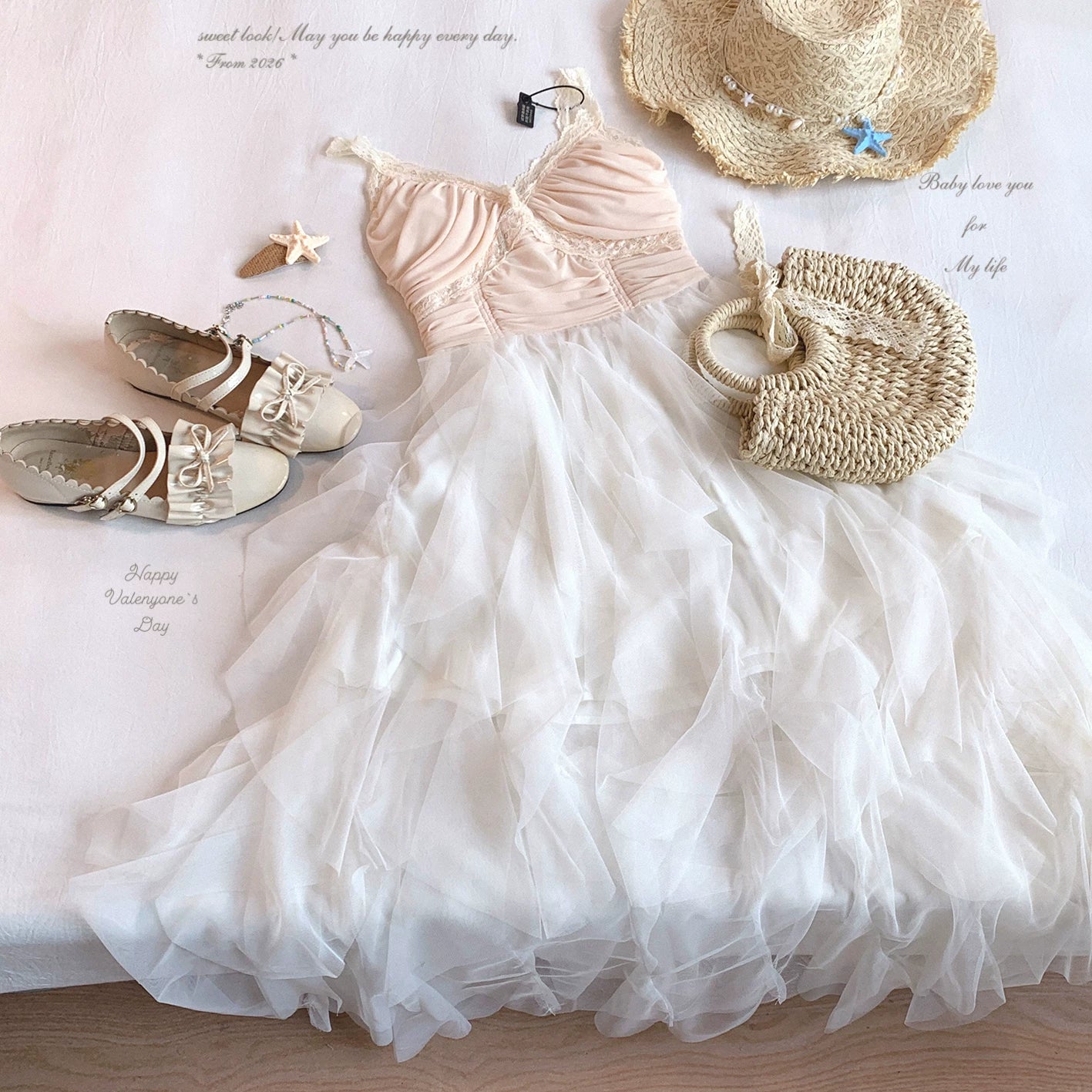 Final Stock Ethereal Irregular Color-Block Tulle Lace Lace-Trim Ruffled Slip Dress