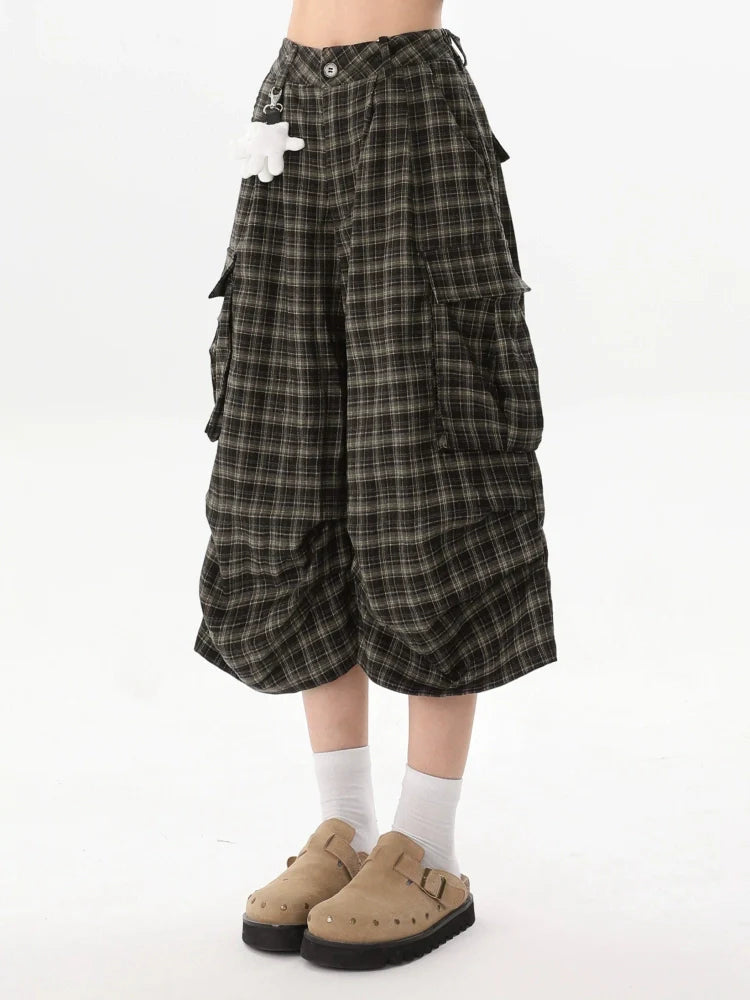 Plaid Culottes with White Bear Patch Detail