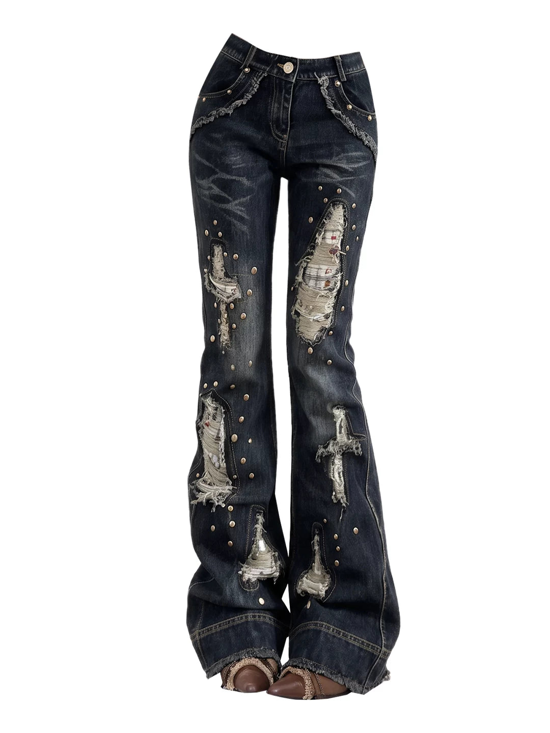 Retro Edgy Distressed Studded Flare Jeans for Women, Fall 2026 New Slimming Vintage-Wash Long Pants
