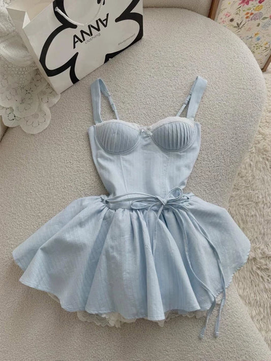 Korean-Style Slimming Blue Dress, Fitted and Flattering, Boutique Designer Style Spaghetti Strap Dress for Women—New Summer Collection