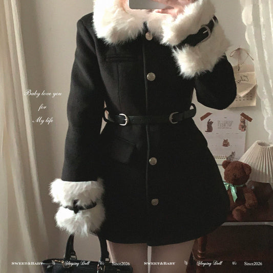 Vintage Faux Fur Wool Blend Coat | Color Block Waist-Defining Winter Coat for Women