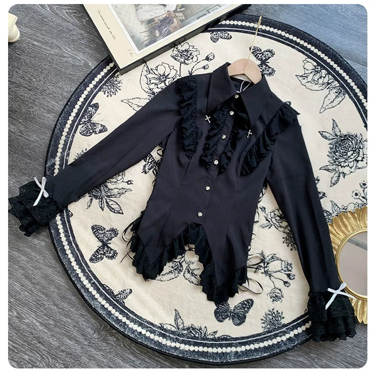 Gothic Lolita Blouse Black White Waist-Tie Shirt