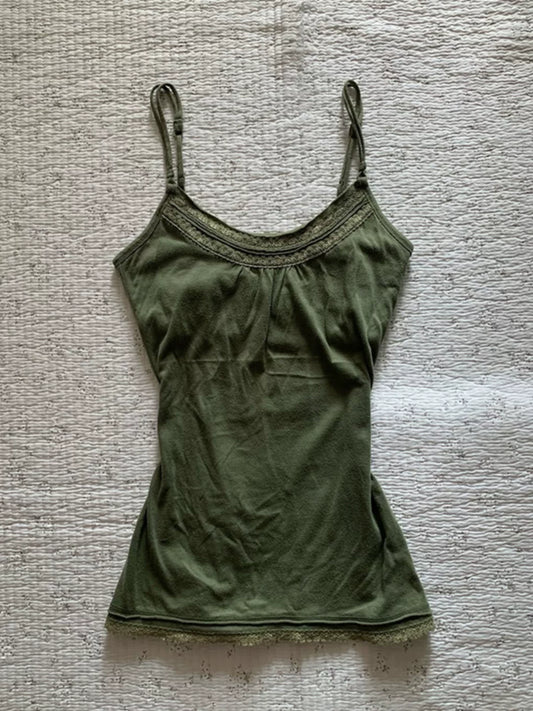 Green Lace Patchwork Cami Top for Women Summer 2026 New American Vintage Style