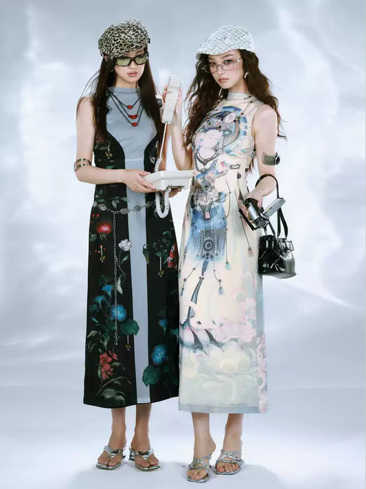 New Chinese Botanical Print Mesh Dress