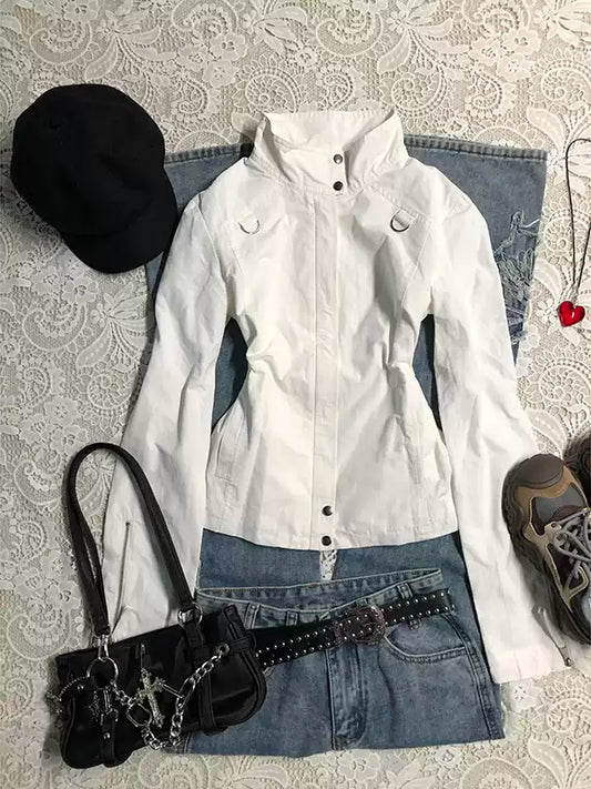 White stand-up collar long-sleeved shirt
