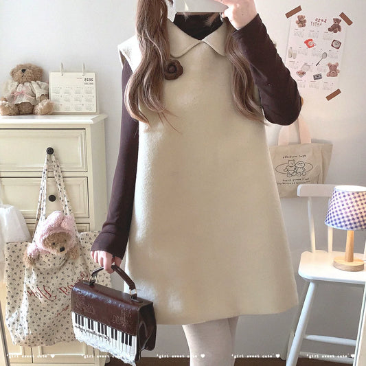 Last-Call Vintage Tiny Flower Brooch Set: Minimalist Straight-From-Style Cute Doll-Collar Woolen Jumper Dress Two-Piece