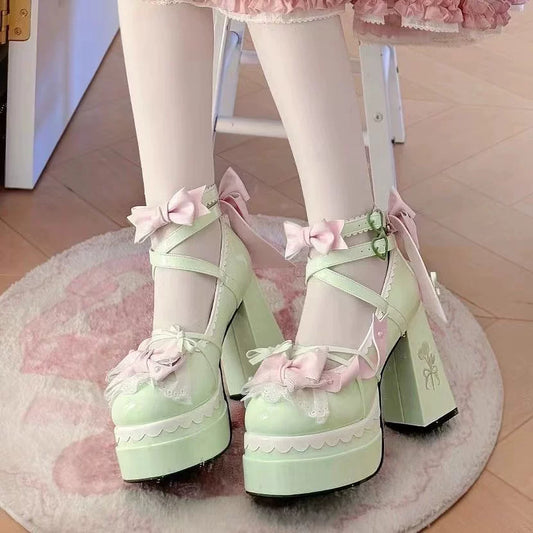 Lolita Cute Flowy Bow Lace Trim Mary Jane Sweet Little Girl High-Heeled Platform Shoes (Waterproof)