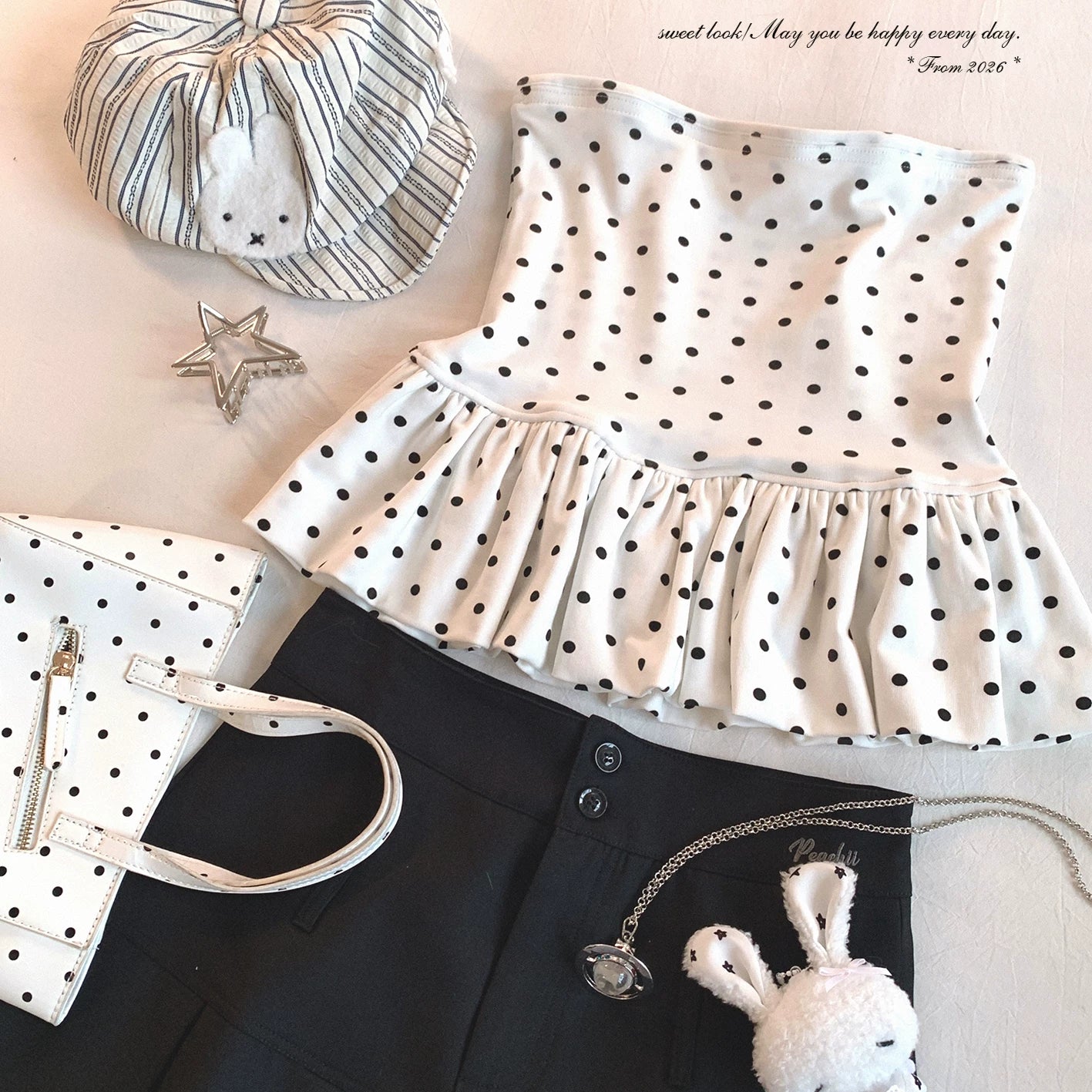 Final-Call Vintage Polka-Dot Sweet & Spicy Girl Style Ruffle-Hem Off-Shoulder Bustier Camisole Two-Piece Set
