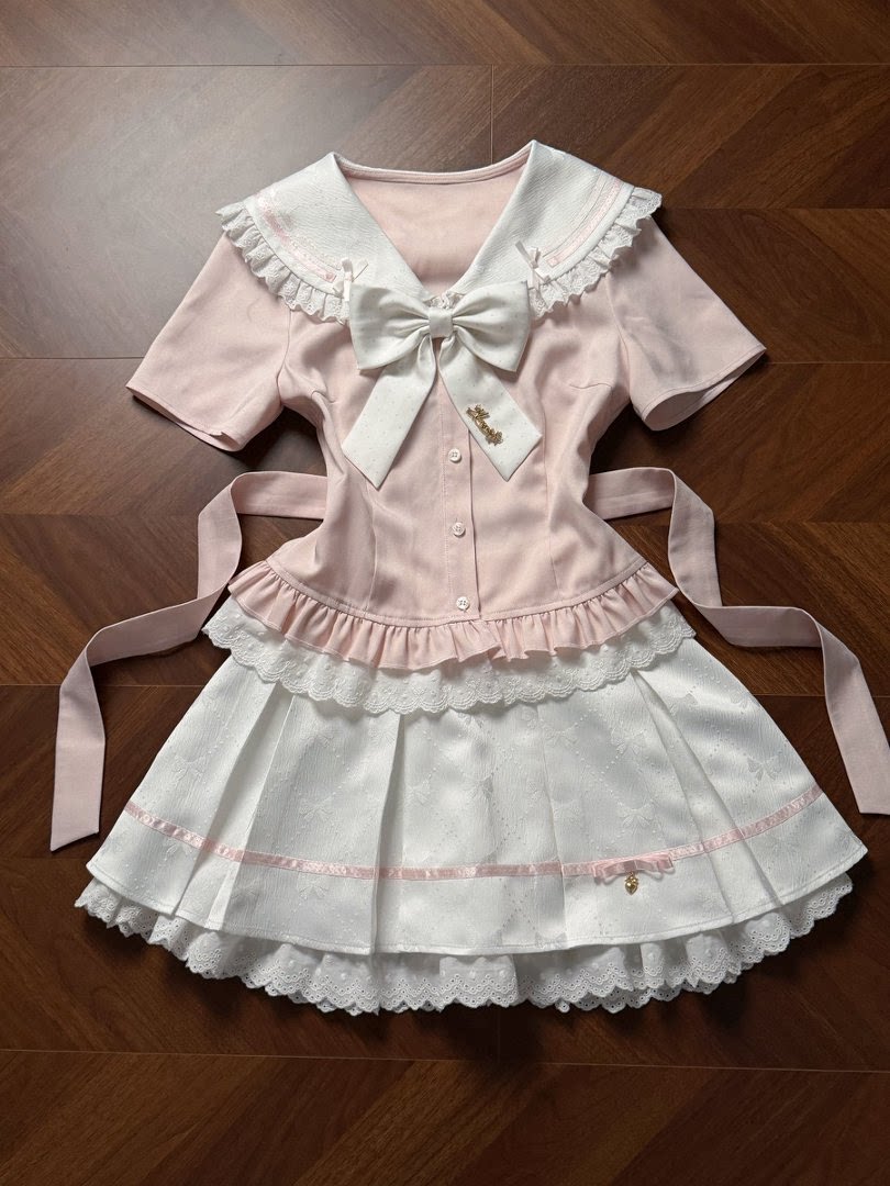 La La Sauce Sakura White Chocolate Japanese College Style Sweet Girl Short-Sleeve Shirt Fitted Top + Skirt Set