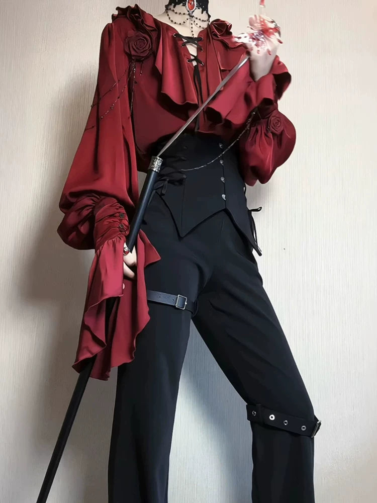 Lolita Prince-Style Long-Sleeve Shirt, Gothic-Inspired Layering Top in Red with Bat-Wing Sleeves, Vintage Medieval Base Shirt