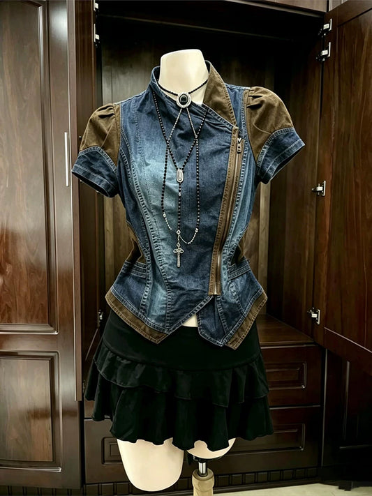 Gothic Rose Original Blue Vintage Cinched Waist Slimming Color-Contrast Short-Sleeve Denim Jacket Summer Women’s Fashion Outfit