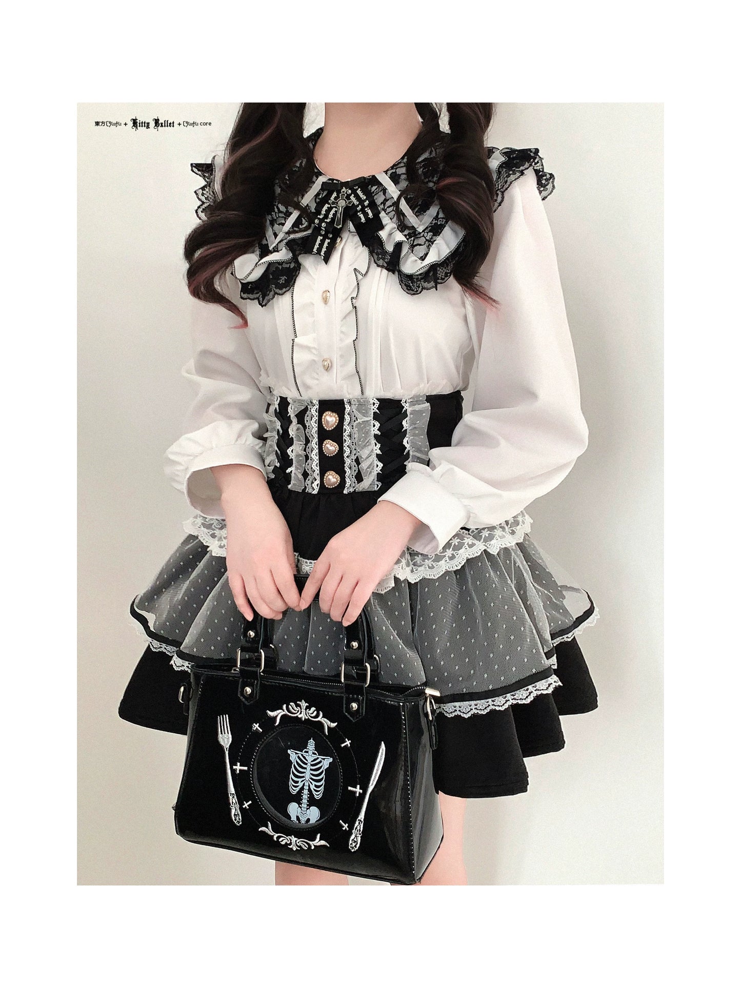 KittyBxllet Original “Lace Revolution” Tie-Strap Off-Shoulder Chiffon Top with Lace Ruffle Hem Long Sleeves
