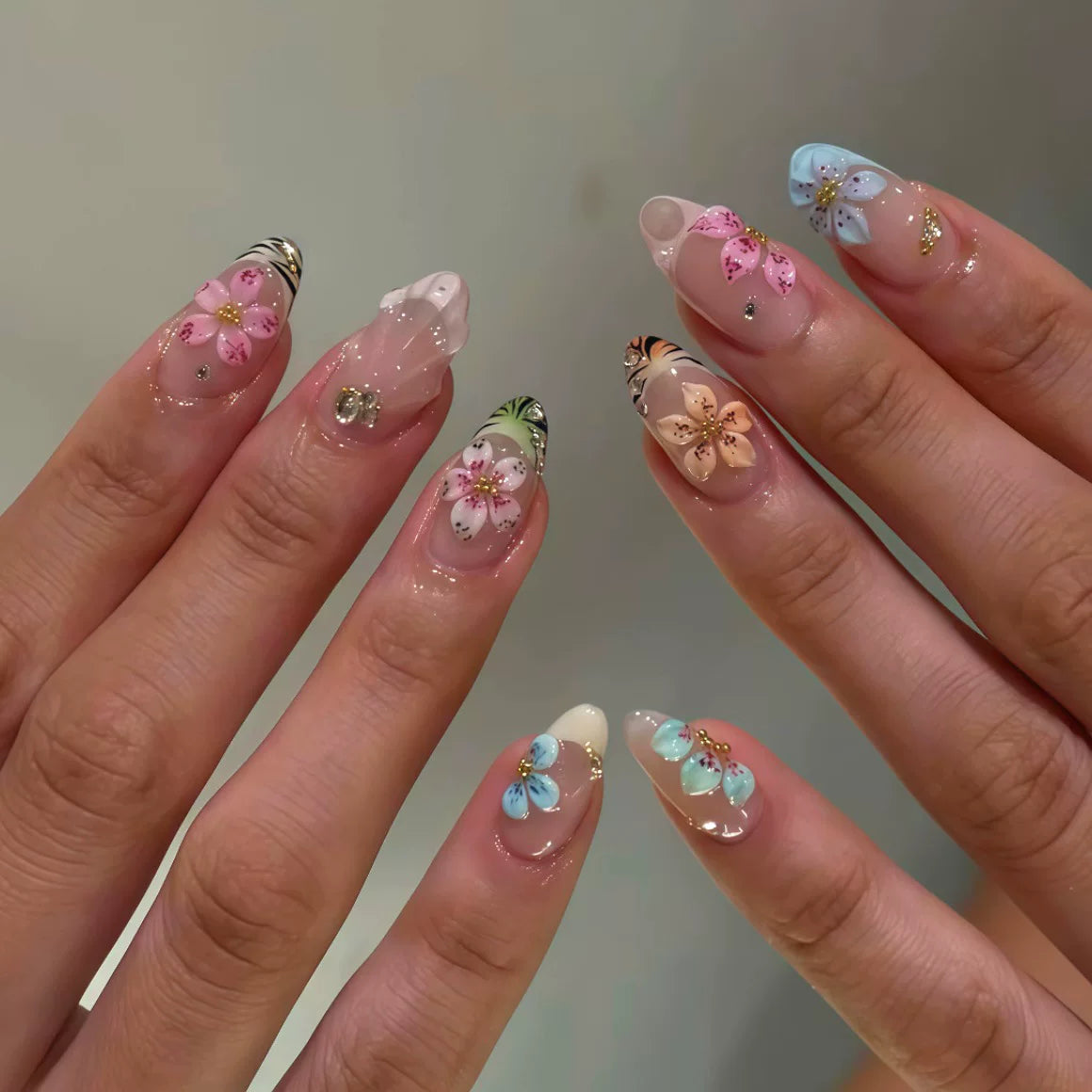 Blue Pink 3D Floral Press-On Nails | Coquette Almond French Tips M