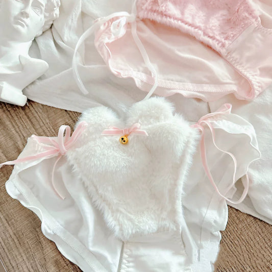 Japanese-Style Cat-Ear Bell Plush Bow-Knot Princess Triangle Cotton Panties—Fresh Cute Lolita Style Lace-Trim for Women