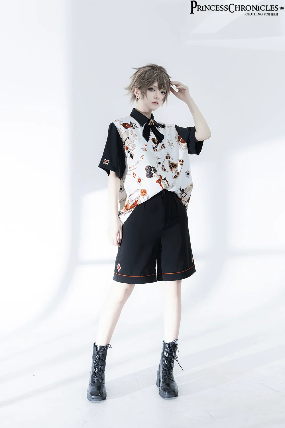 Retro Ouji Lolita Shirt Floral Short Sleeve Shirt and Embroidered Black Shorts